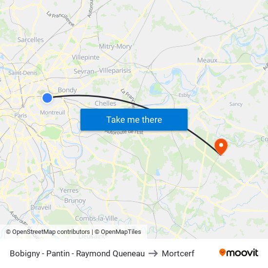 Bobigny - Pantin - Raymond Queneau to Mortcerf map