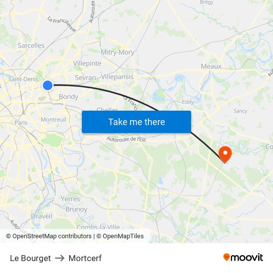 Le Bourget to Mortcerf map