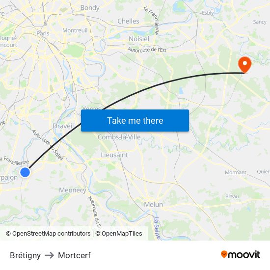 Brétigny to Mortcerf map