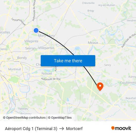 Aéroport Cdg 1 (Terminal 3) to Mortcerf map