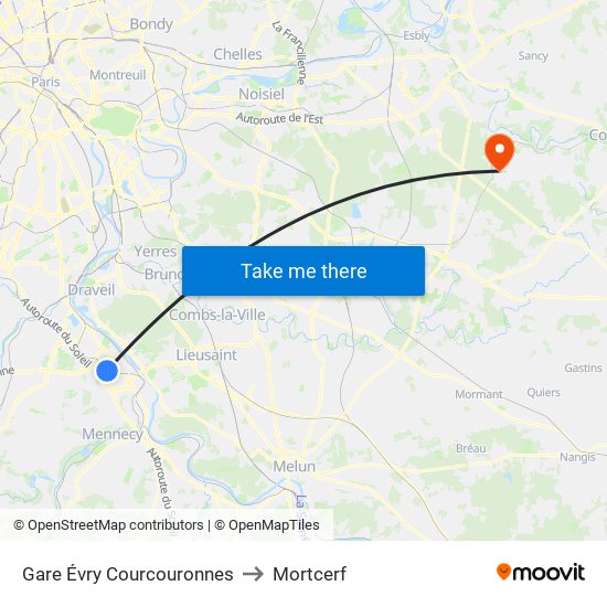 Gare Évry Courcouronnes to Mortcerf map