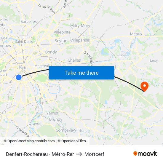 Denfert-Rochereau - Métro-Rer to Mortcerf map