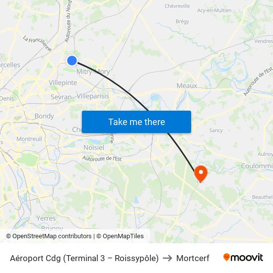 Aéroport Cdg (Terminal 3 – Roissypôle) to Mortcerf map