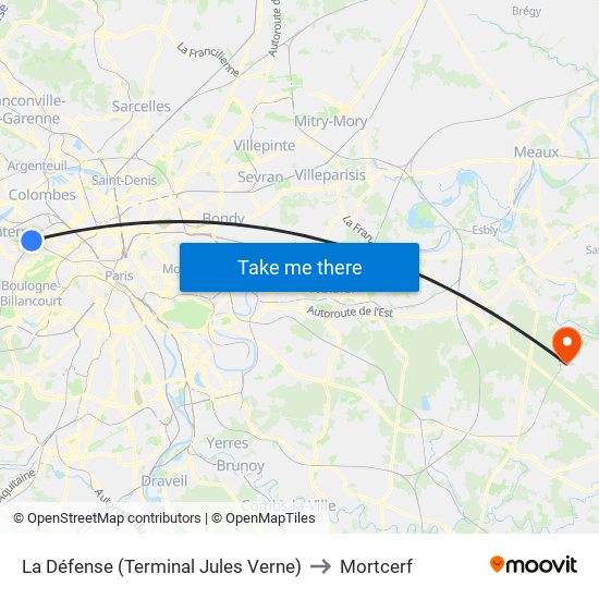 La Défense (Terminal Jules Verne) to Mortcerf map