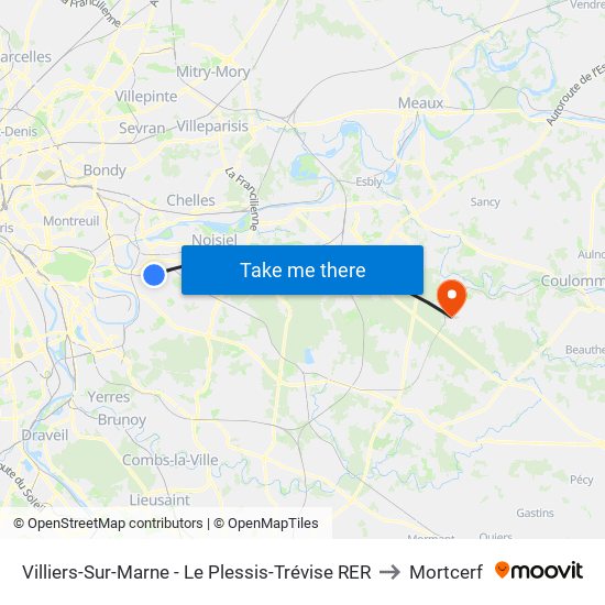 Villiers-Sur-Marne - Le Plessis-Trévise RER to Mortcerf map