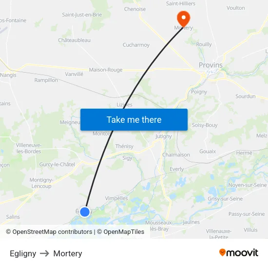 Egligny to Mortery map