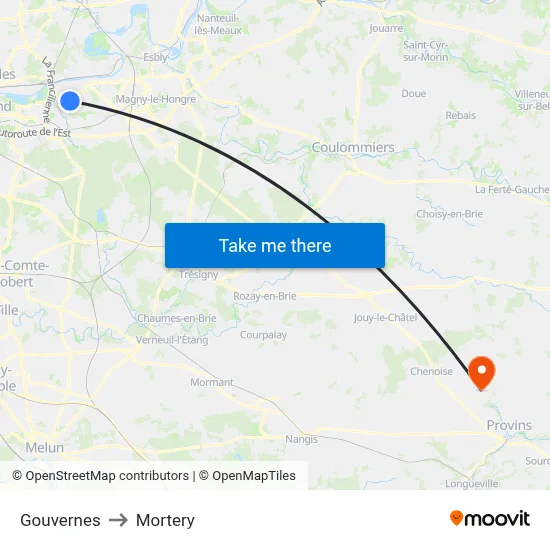 Gouvernes to Mortery map