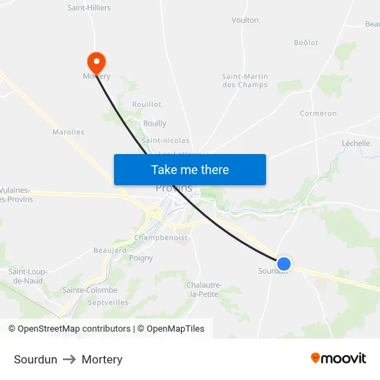 Sourdun to Mortery map