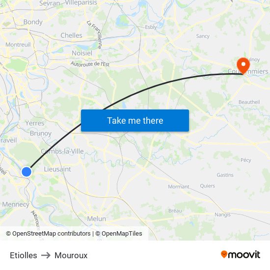 Etiolles to Mouroux map