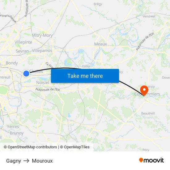 Gagny to Mouroux map