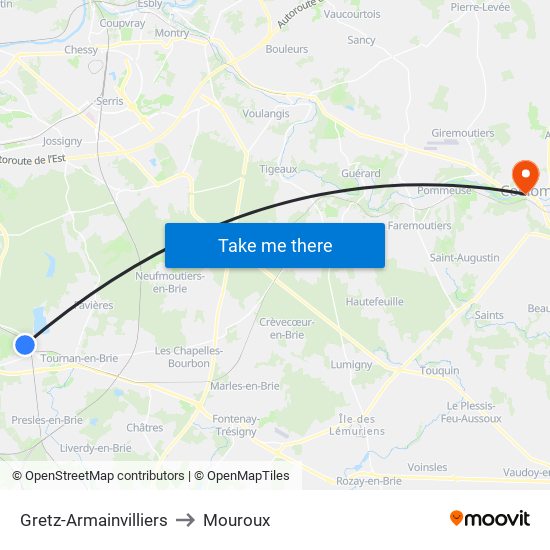 Gretz-Armainvilliers to Mouroux map