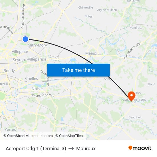 Aéroport Cdg 1 (Terminal 3) to Mouroux map