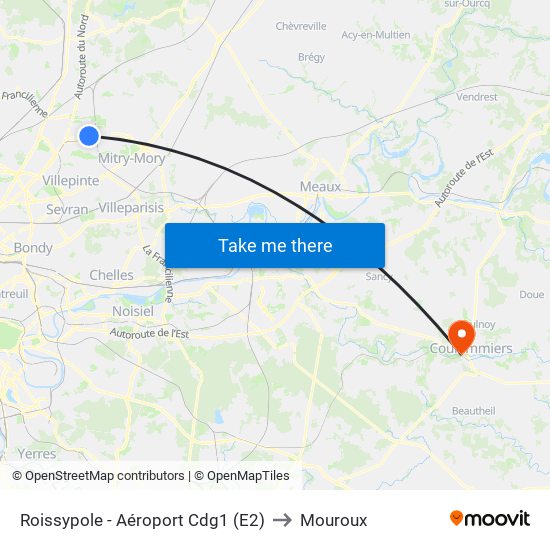 Roissypole - Aéroport Cdg1 (E2) to Mouroux map