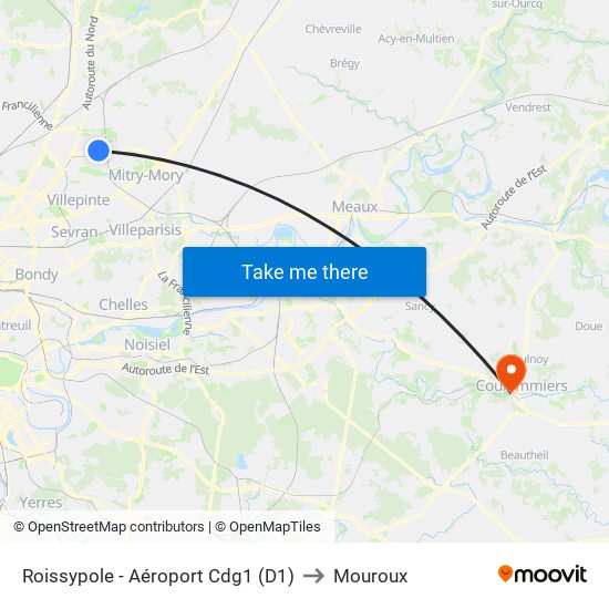 Roissypole - Aéroport Cdg1 (D1) to Mouroux map