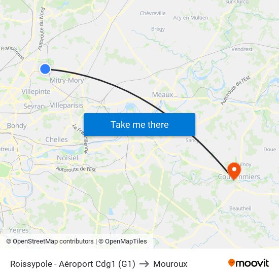 Roissypole - Aéroport Cdg1 (G1) to Mouroux map