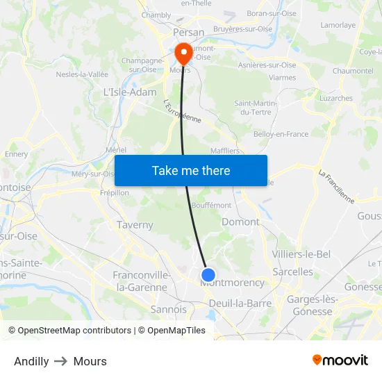 Andilly to Mours map