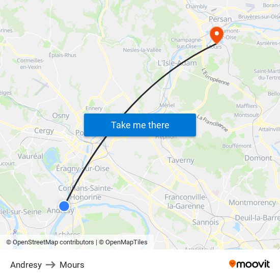 Andresy to Mours map