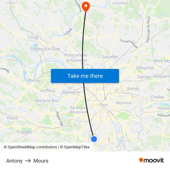 Antony to Mours map