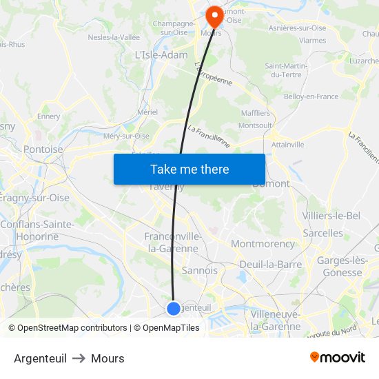 Argenteuil to Mours map