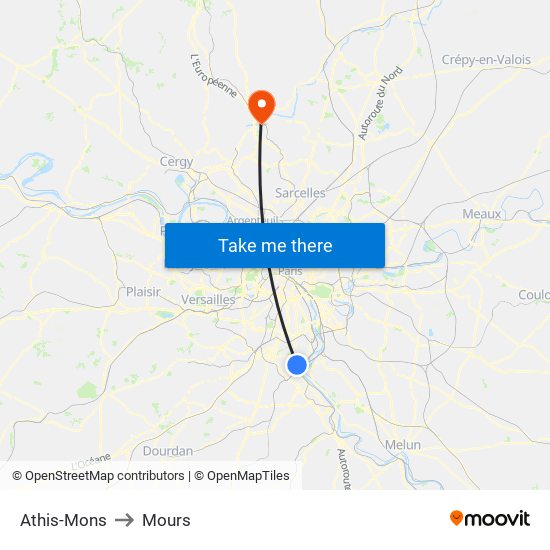 Athis-Mons to Mours map