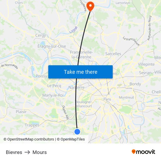 Bievres to Mours map