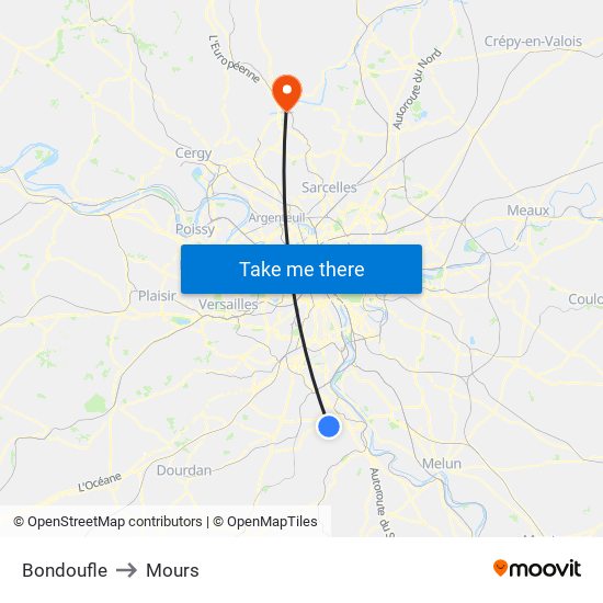 Bondoufle to Mours map