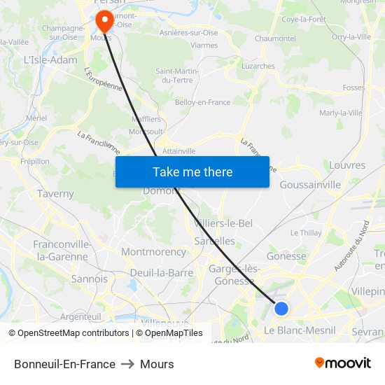 Bonneuil-En-France to Mours map