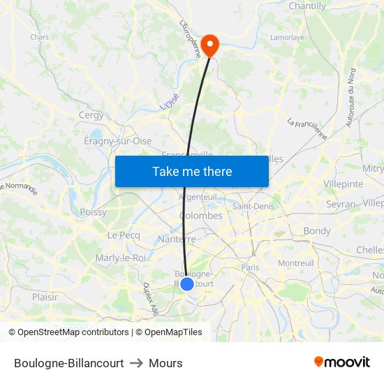 Boulogne-Billancourt to Mours map