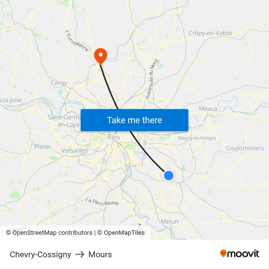 Chevry-Cossigny to Mours map