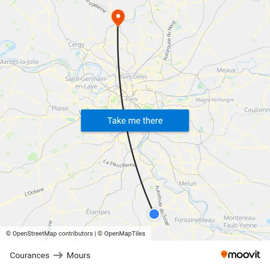 Courances to Mours map