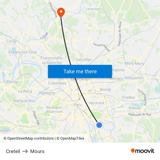 Creteil to Mours map