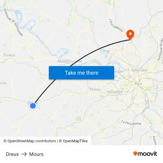 Dreux to Mours map