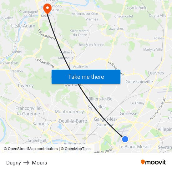 Dugny to Mours map