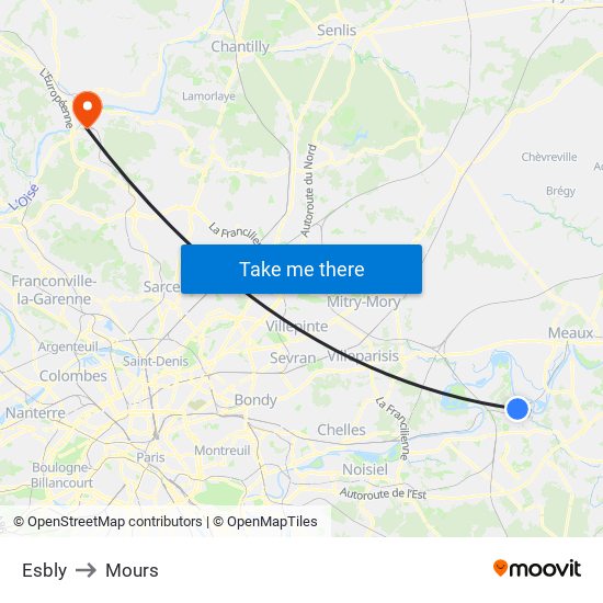 Esbly to Mours map