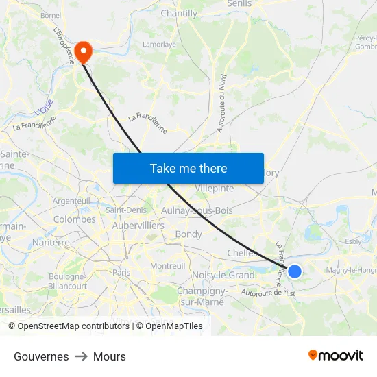 Gouvernes to Mours map
