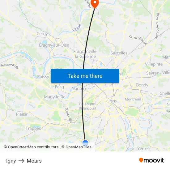 Igny to Mours map