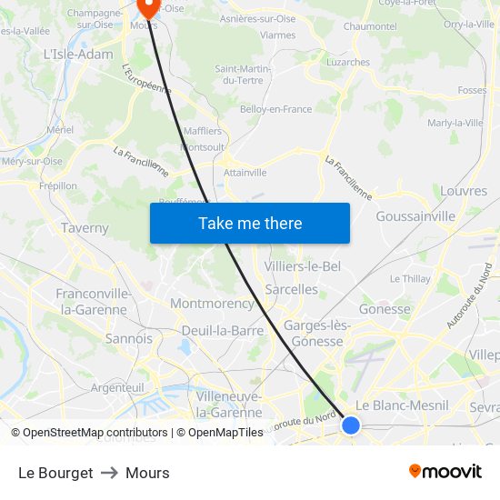 Le Bourget to Mours map