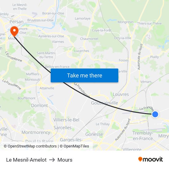Le Mesnil-Amelot to Mours map
