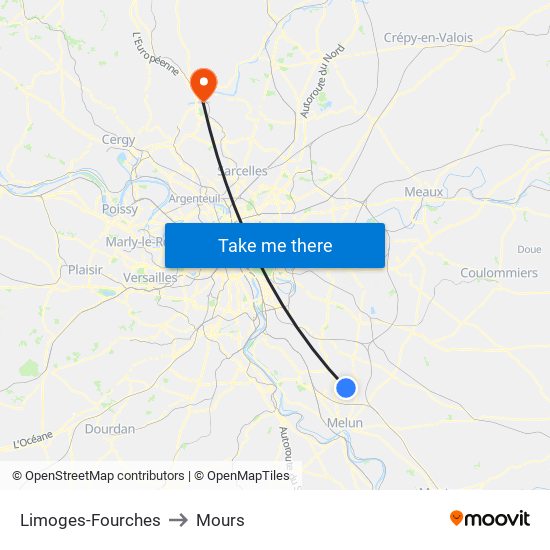 Limoges-Fourches to Mours map