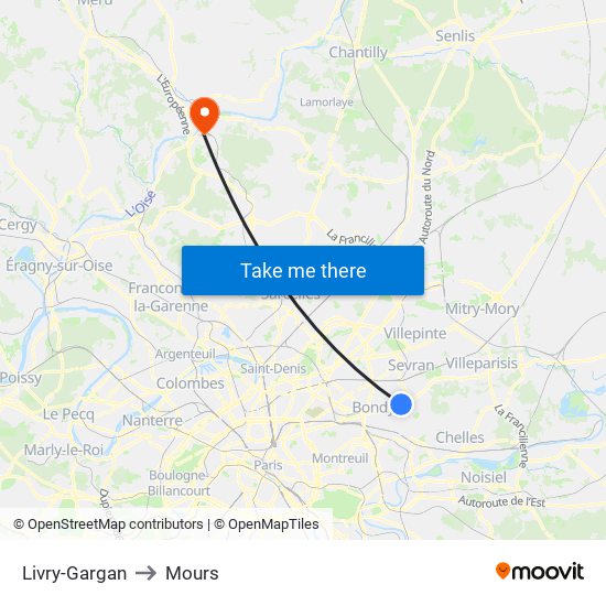 Livry-Gargan to Mours map