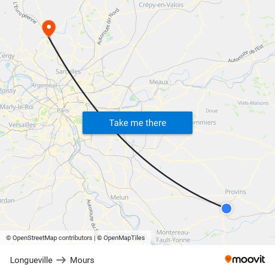 Longueville to Mours map