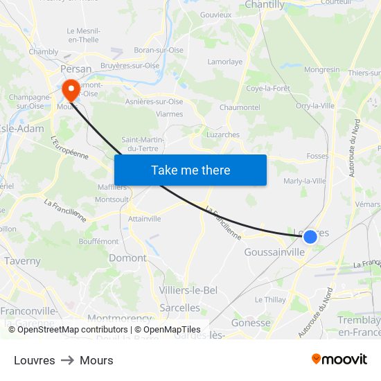 Louvres to Mours map