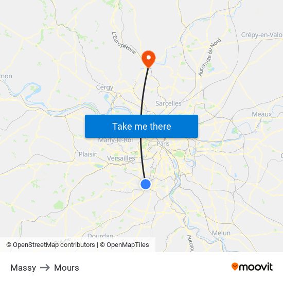 Massy to Mours map