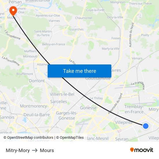 Mitry-Mory to Mours map