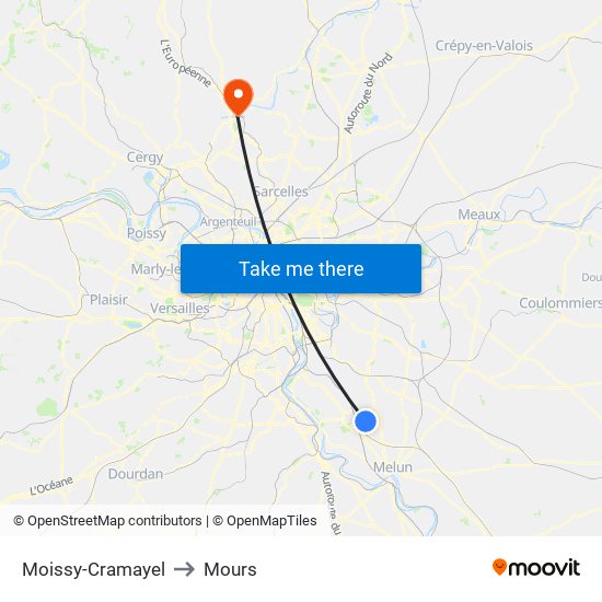 Moissy-Cramayel to Mours map