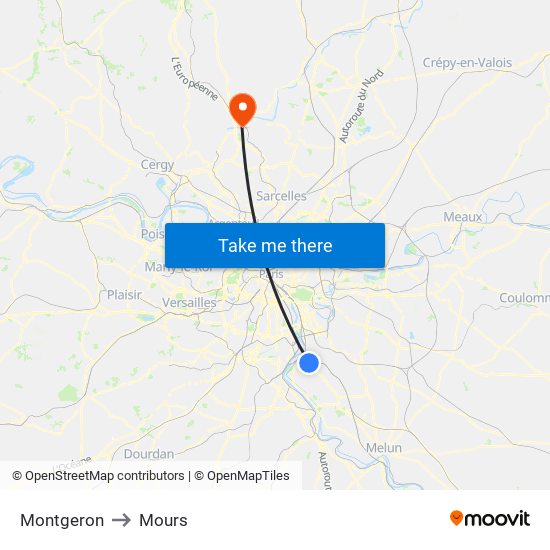 Montgeron to Mours map