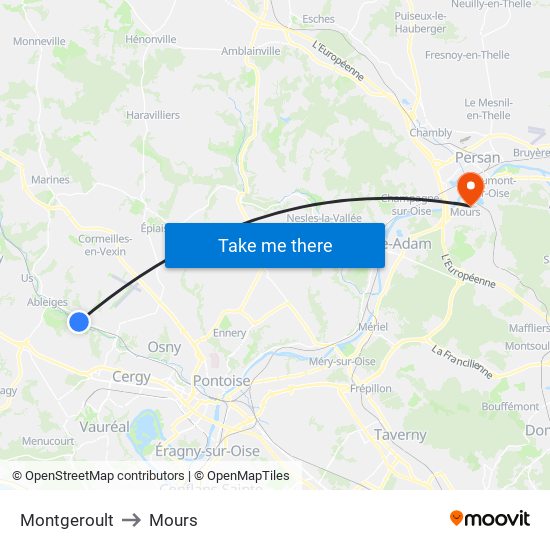 Montgeroult to Mours map