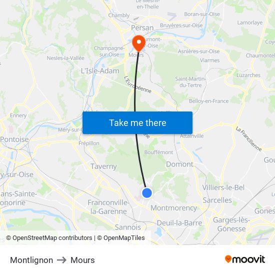 Montlignon to Mours map
