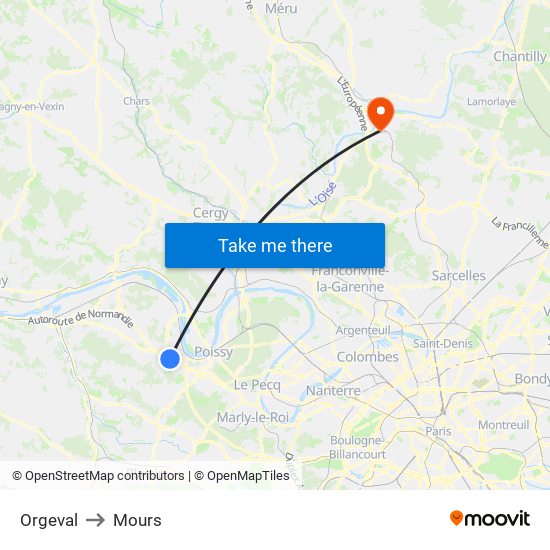 Orgeval to Mours map