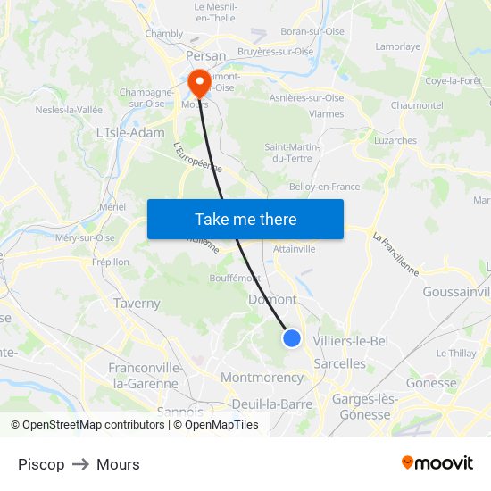 Piscop to Mours map